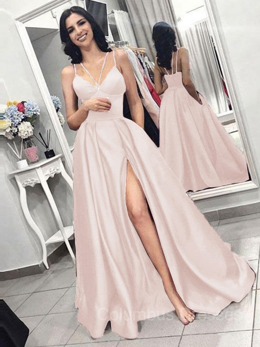 Evening Dress Elegant, A-Line/Princess Spaghetti Straps Sweep Train Satin Evening Dresses With Pockets