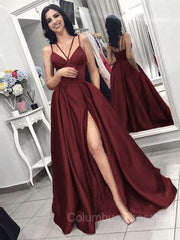 Evening Dress Shop, A-Line/Princess Spaghetti Straps Sweep Train Satin Evening Dresses With Pockets