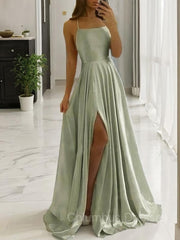 Prom Dresses Ideas, A-Line/Princess Spaghetti Straps Sweep Train Silk like Satin Prom Dresses With Leg Slit