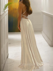 Prom Dresses Unique, A-Line/Princess Spaghetti Straps Sweep Train Silk like Satin Prom Dresses With Leg Slit