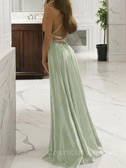 Prom Dress Cheap, A-Line/Princess Spaghetti Straps Sweep Train Silk like Satin Prom Dresses With Leg Slit