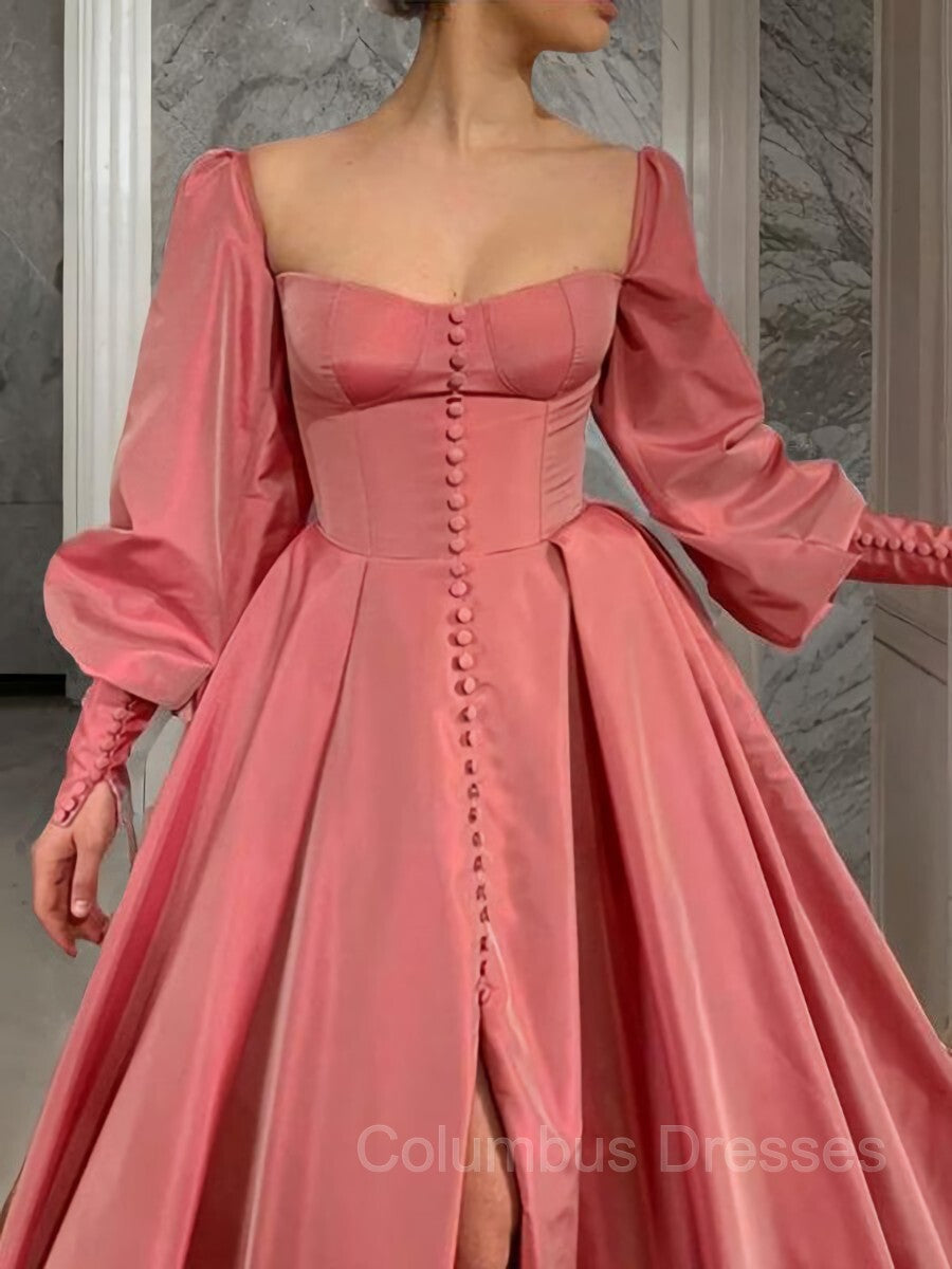 Dress Ideas, A-Line/Princess Square Floor-Length Satin Prom Dresses With Leg Slit