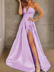 Bridesmaids Dresses Spring, A-Line/Princess Strapless Sweep Train Satin Prom Dresses With Leg Slit