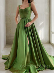 Evening Dress Vintage, A-Line/Princess Straps Court Train Satin Prom Dresses With Pockets