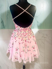 Party Dress Party, A-line/Princess Straps Short/Mini Lace Homecoming Dress with Appliques Lace