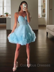 Party Dresses Designs, A-line/Princess Straps Short/Mini Tulle Homecoming Dress with Cascading Ruffles