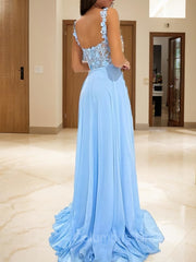 Evening Dresses Online, A-Line/Princess Straps Sweep Train Chiffon Prom Dresses With Leg Slit