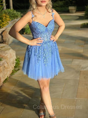 Party Dresses Prom, A-Line/Princess Sweetheart Corset Short/Mini Tulle Homecoming Dresses With Appliques Lace