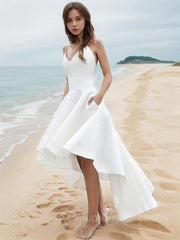 Wedding Dress Outlet Near Me, A-Line/Princess V-neck Asymmetrical Satin Wedding Dresses