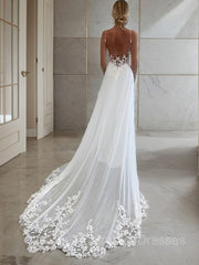 Wedding Dresses With Color, A-Line/Princess V-neck Chapel Train Chiffon Wedding Dresses With Appliques Lace