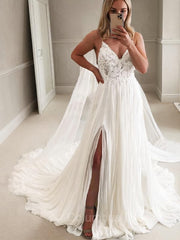 Wedding Dress Train, A-Line/Princess V-neck Chapel Train Chiffon Wedding Dresses With Leg Slit