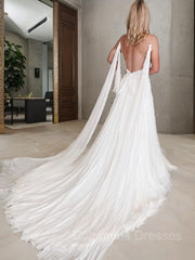 Wedding Dresses Trains, A-Line/Princess V-neck Chapel Train Chiffon Wedding Dresses With Leg Slit