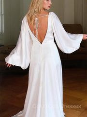 Wedding Dresses Bridesmaids, A-Line/Princess V-neck Court Train Charmeuse Wedding Dresses With Leg Slit