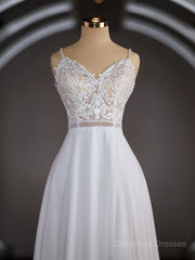 Weddings Dresses Beach, A-Line/Princess V-neck Court Train Chiffon Wedding Dresses with Leg Slit