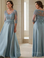 Formal Dress Homecoming, A-Line/Princess V-neck Floor-Length Satin Mother of the Bride Dresses With Appliques Lace