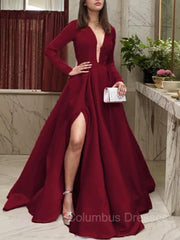 Girl Dress, A-Line/Princess V-neck Floor-Length Satin Prom Dresses With Leg Slit