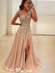 Cocktail Dress, A-Line/Princess V-neck Floor-Length Silk like Satin Evening Dresses With Leg Slit