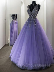 Formal Dress Off The Shoulder, A-Line/Princess V-neck Floor-Length Tulle Evening Dresses With Beading