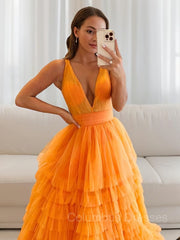 Homecoming Dresses 2039, A-Line/Princess V-neck Floor-Length Tulle Prom Dresses With Ruffles