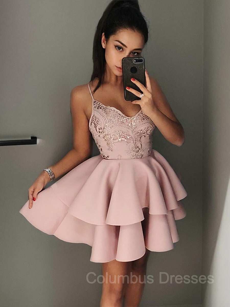 Prom Dresses Blushes, A-Line/Princess V-neck Short/Mini Satin Homecoming Dresses