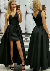 Prom Dresses Outfits, A-line/Princess V Neck Sleeveless Asymmetrical Satin Prom Dress With Pleated