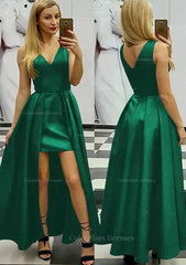 Prom Dresses Casual, A-line/Princess V Neck Sleeveless Asymmetrical Satin Prom Dress With Pleated