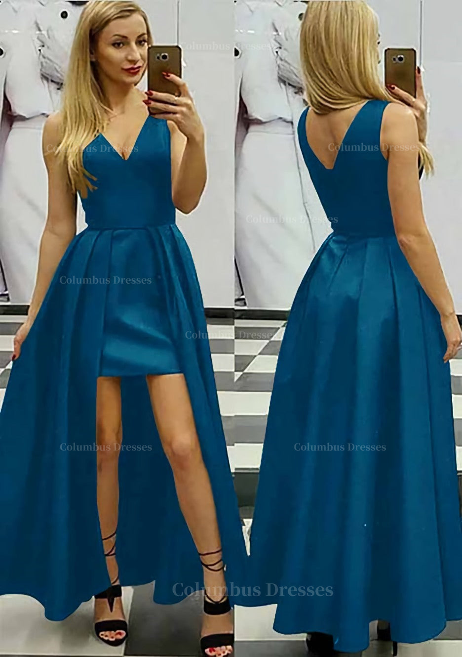 Prom Dress Elegant, A-line/Princess V Neck Sleeveless Asymmetrical Satin Prom Dress With Pleated