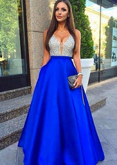 Winter Dress, A-line/Princess V Neck Sleeveless Long/Floor-Length Satin Prom Dresses With Sequins