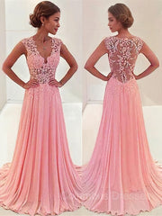 Prom Dresses 2038 Cheap, A-Line/Princess V-neck Sweep Train Chiffon Prom Dresses With Appliques Lace