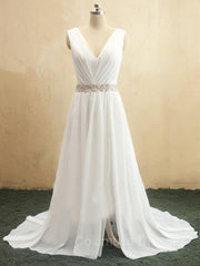 Wedding Dresse Vintage, A-Line/Princess V-neck Sweep Train Chiffon Wedding Dresses With Leg Slit