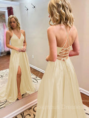 Wedding Photo, A-Line/Princess V-neck Sweep Train Elastic Woven Satin Evening Dresses With Leg Slit