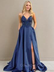 Prom Dressed 2041, A-Line/Princess V-neck Sweep Train Elastic Woven Satin Prom Dresses With Leg Slit