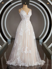 Wedding Dress Lace Sleeves, A-Line/Princess V-neck Sweep Train Lace Wedding Dresses with Appliques Lace