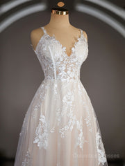 Wedding Dresses Laced Sleeves, A-Line/Princess V-neck Sweep Train Lace Wedding Dresses with Appliques Lace