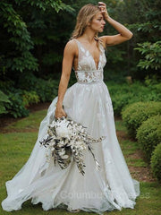 Wedding Dresses A Line Lace, A-Line/Princess V-neck Sweep Train Lace Wedding Dresses With Belt/Sash