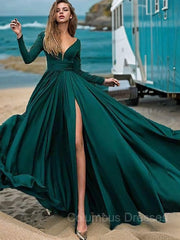 Prom Dress With Shorts, A-Line/Princess V-neck Sweep Train Satin Chiffon Prom Dresses With Leg Slit