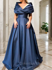 Prom 2042, A-Line/Princess V-neck Sweep Train Satin Prom Dresses With Ruffles