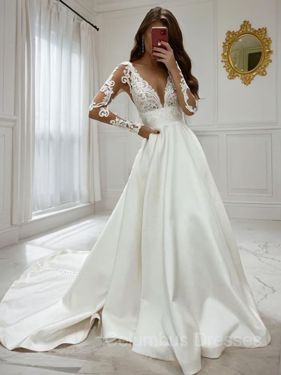 Wedding Dresses Colorful, A-Line/Princess V-neck Sweep Train Satin Wedding Dresses