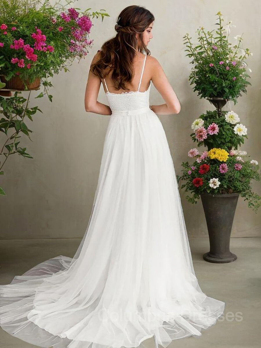 Wedding Dress Girls, A-Line/Princess V-neck Sweep Train Tulle Wedding Dresses