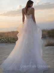 Wedding Dresses Princesses, A-Line/Princess V-neck Sweep Train Tulle Wedding Dresses