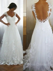 Weddings Dresses Lace, A-Line/Princess V-neck Sweep Train Tulle Wedding Dresses With Appliques Lace