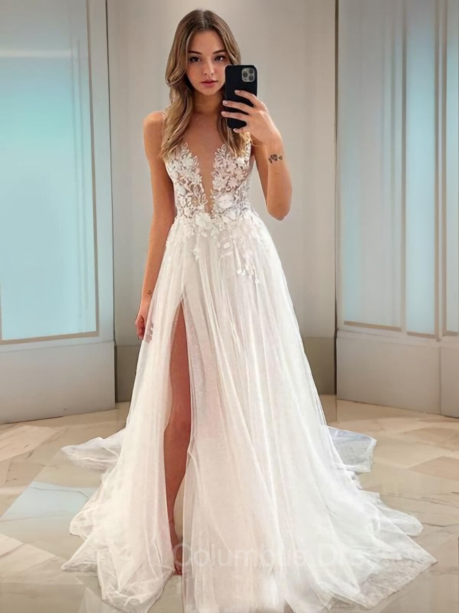 Wedding Dress Brides, A-Line/Princess V-neck Sweep Train Tulle Wedding Dresses With Leg Slit