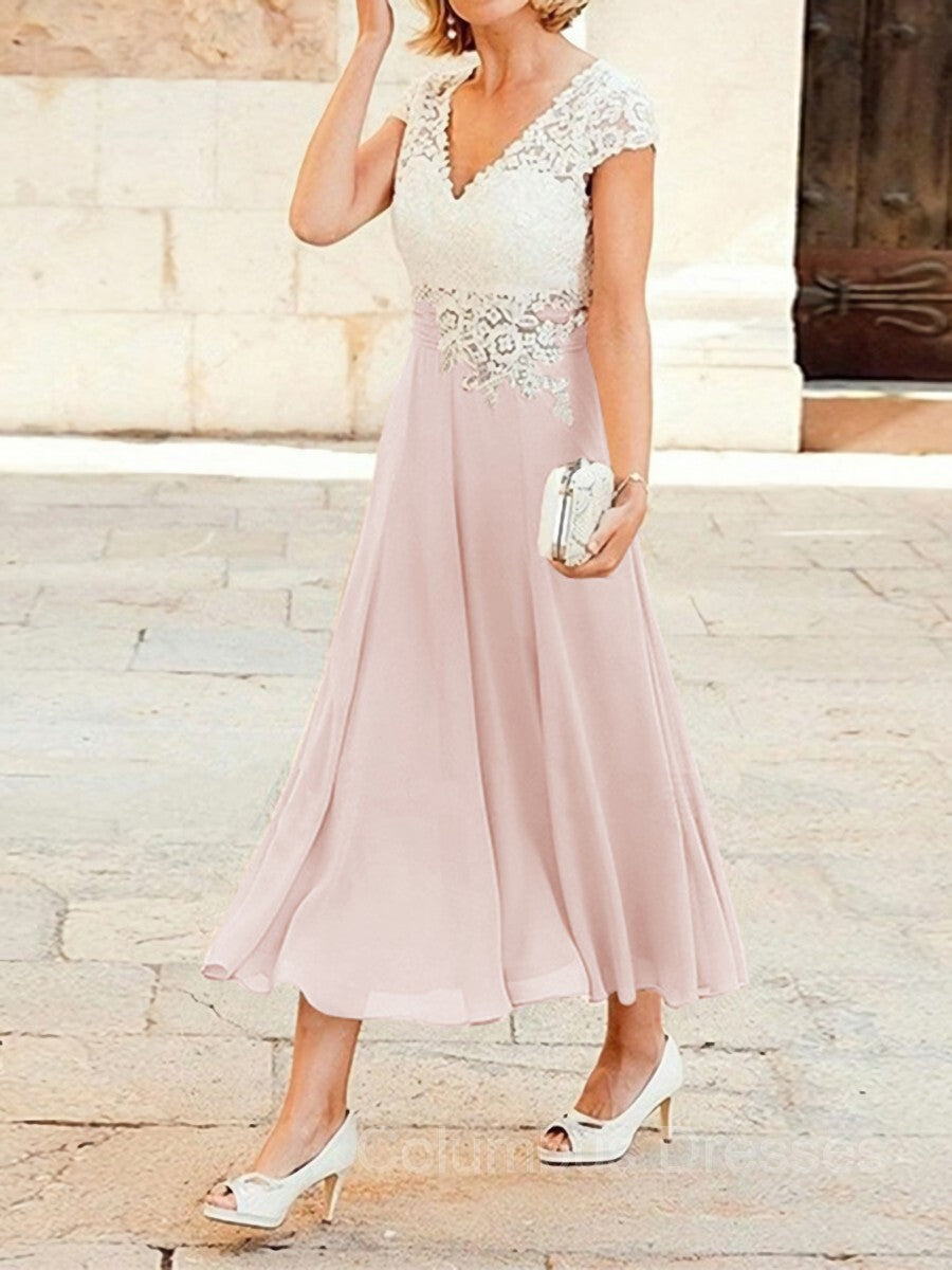 Bridesmaid Dress Colorful, A-Line/Princess V-neck Tea-Length Chiffon Mother of the Bride Dresses With Lace Applique