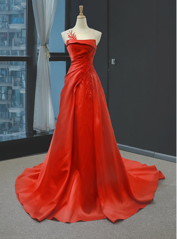 A-Line Red Satin Pleats Beading Backless Long Prom Dress