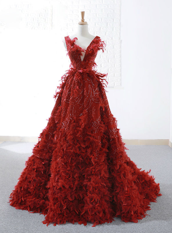 A-Line Red Sequins Feather V-neck Deep Backless Wedding Dress