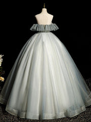 A-Line Round Neck Tulle Gray Blue Long Prom Dress, Tulle Sequin Lace Long Evening Dress