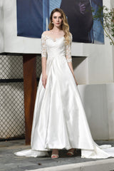 Wedding Dress Shops Near Me, A-Line Satin Lace 3/4 Sleeves Ankle Length Wedding Dresses