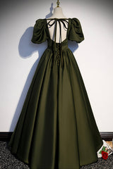 Club Dress, A-Line Satin Long Prom Dress, Dark Green Short Sleeve Evening Graduation Dress