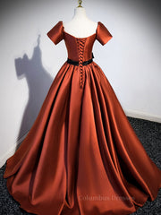 Formal Dresses Midi, A-Line Satin Orange Long Prom Dresses, Orange Formal Evening Dresses