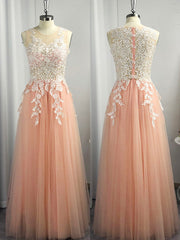 Prom Dressed Two Piece, A-line Scoop Appliques Lace Floor-Length Tulle Dress